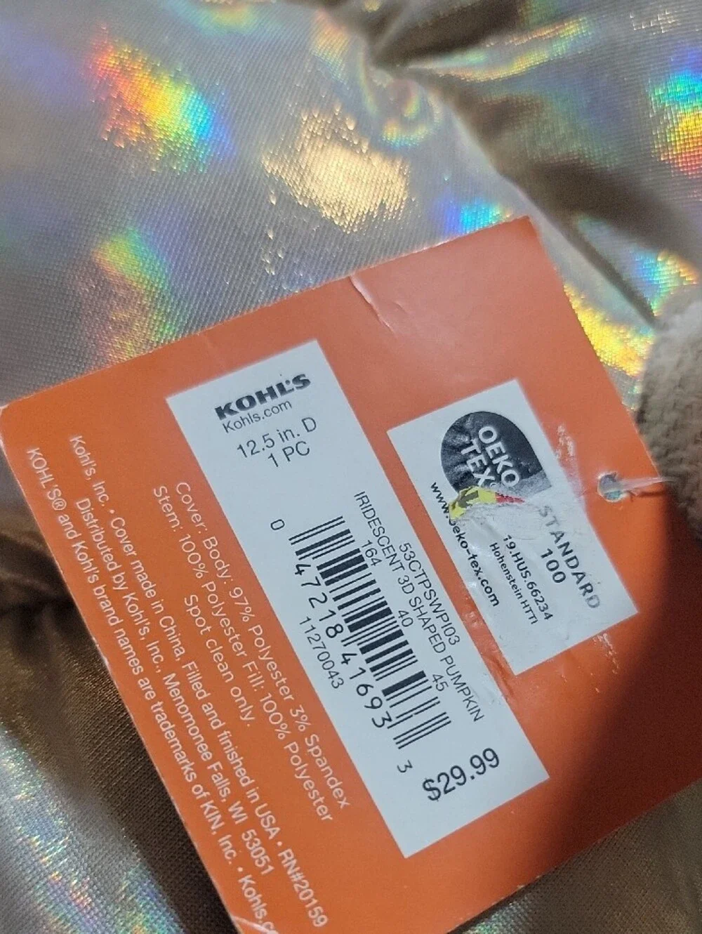 Iridescent Plush Pumpkin Pillow 12.5 Inches